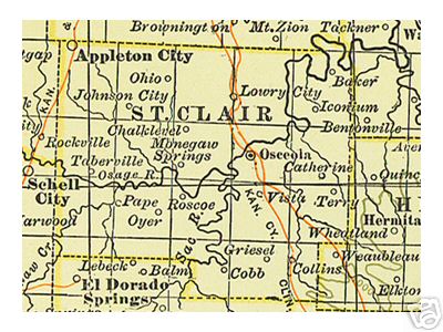 Early map of St. Clair County, Missouri including Osceola, Appleton City, Lowry City, Monegaw Springs, Roscoe